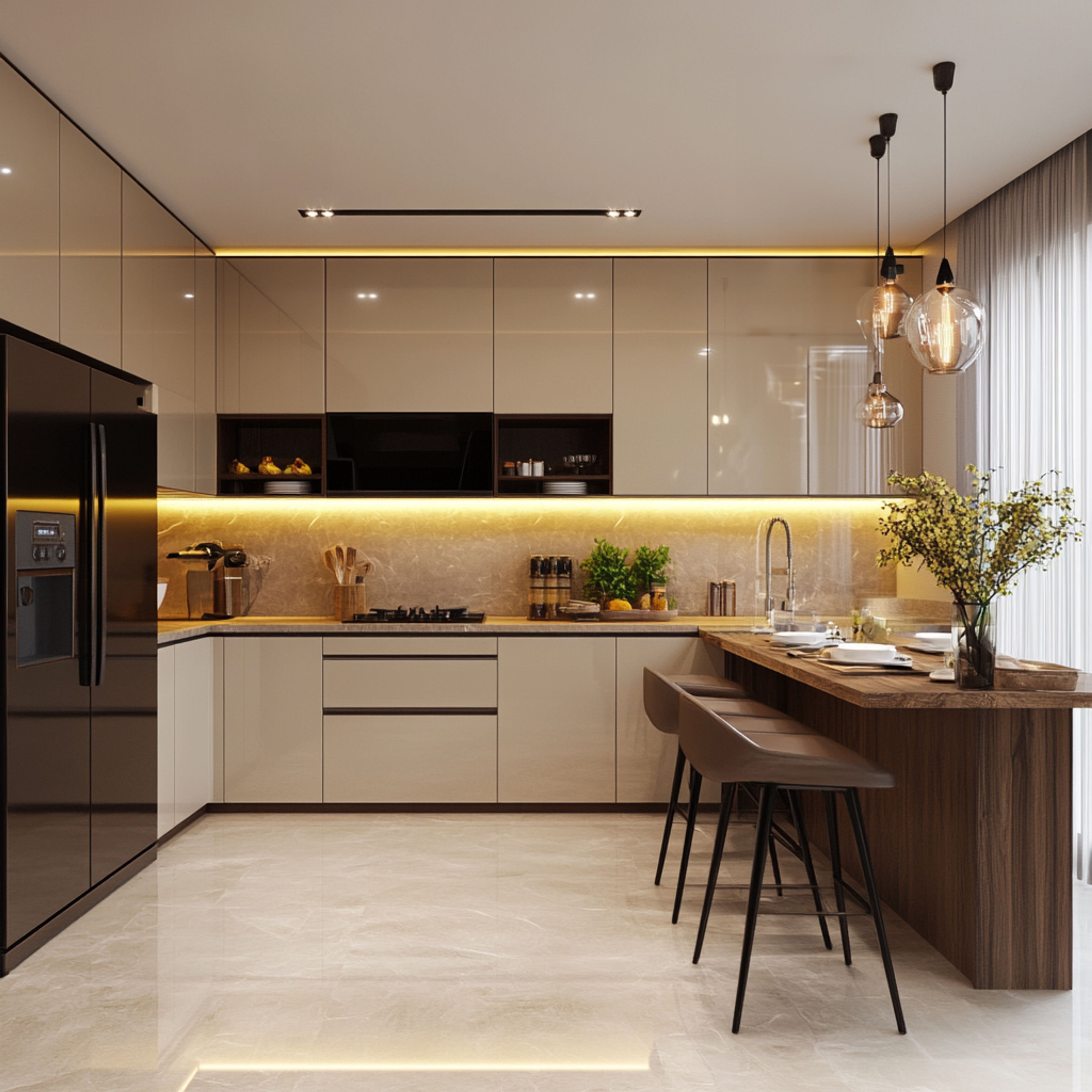 کابینت آشپزخانه مدرن با درب شیشه‌ای مات و جزئیات فلزی