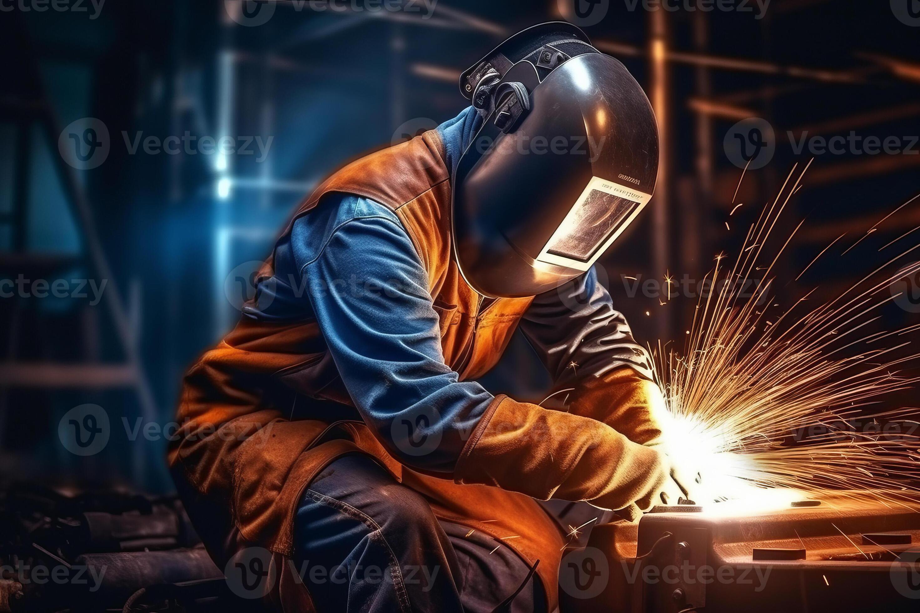 جوشکار در حال کار بر روی سازه فلزی با ماسک جوشکاری