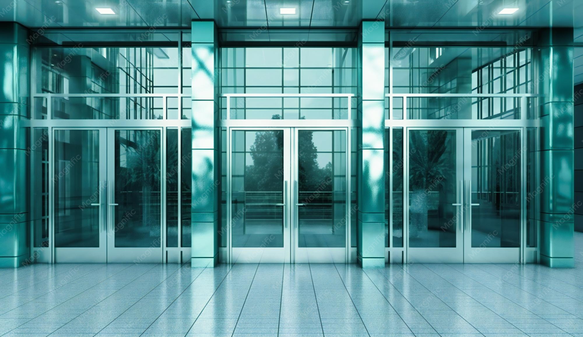 درب ورودی شیشه‌ای ساختمان اداری با طراحی مدرن