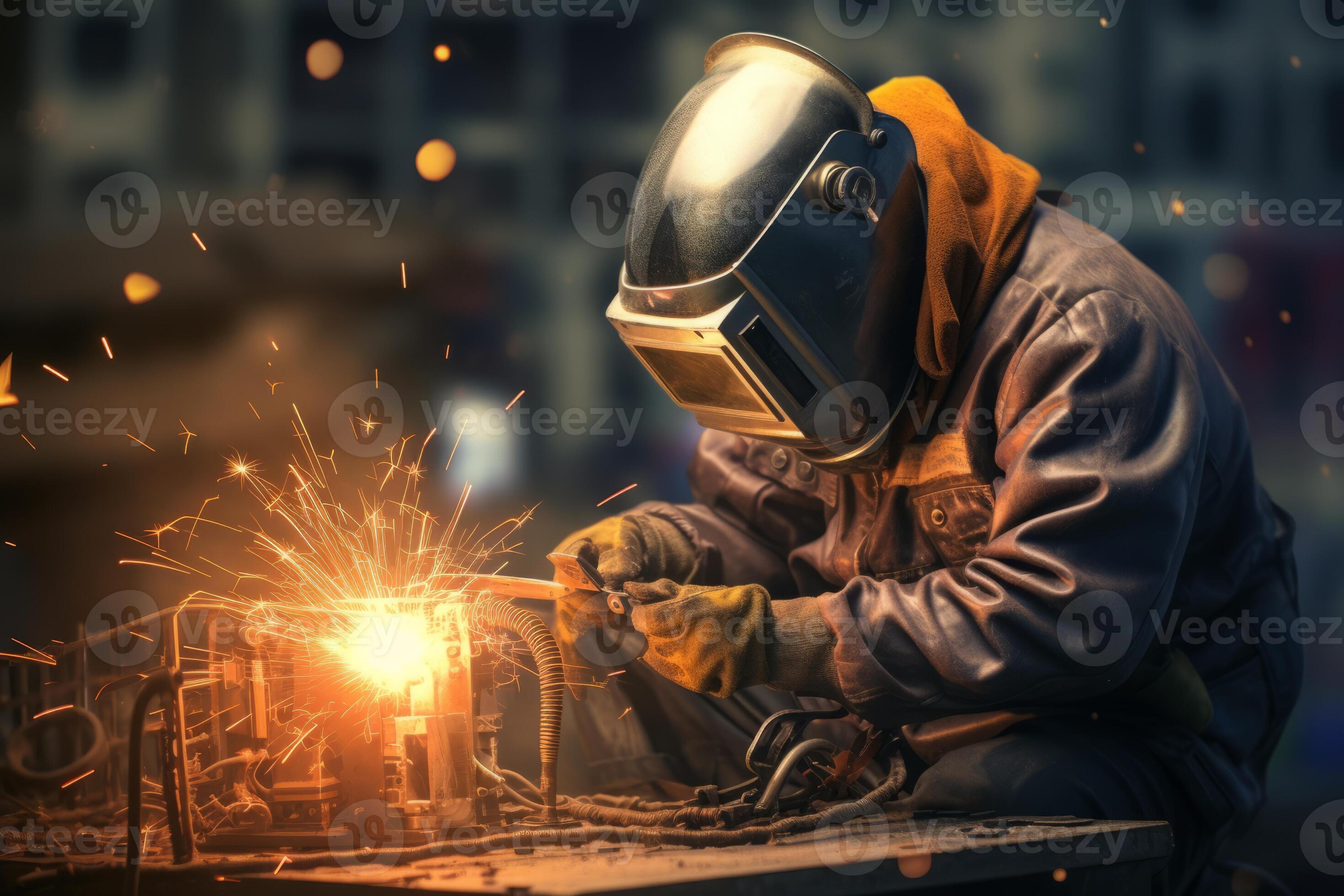 جوشکار حرفه‌ای با تجهیزات ایمنی کامل در محیط صنعتی